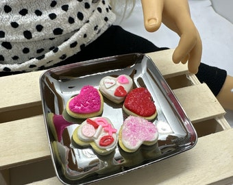 5 yummy valentine frosted sugar cookies with sprinkles and plate made in 15 - 18" 3:1 doll scale perfect for AG, elf BJD mini doll food play