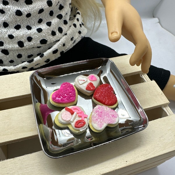 5 yummy valentine frosted sugar cookies with sprinkles and plate made in 15 - 18" 3:1 doll scale perfect for AG, elf BJD mini doll food play