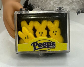 2.5” box of Marshmallow peep bunny. An Easter tradition. Perfect for 18” doll play made in 3:1 scale. Miniature food doll play mini BJD AG