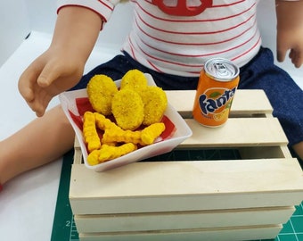 Chicken nuggets and fries, served on 3" plastic plate with can of Fanta. Inspired by American Girl intended for 18" doll play in 3:1 scale