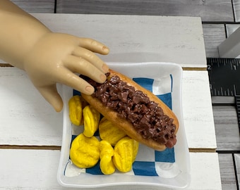 Chili dog served with chips on a 2.5" plastic plate made in 15 - 18" 3:1 doll food play mini food miniature doll food AG, elf, BJD fake food