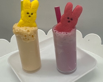 2" Strawberry Shake with Fuff & bunny peeper garnish Easter Goodie intended for 15"-18" doll play in 3:1 scale. Doll food AG elf miniature