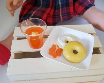 Toasted Bagel & cream cheese fruit and orange juice served on a 2.5" plastic plate made in 15 - 18" 3:1 doll scale mini doll food AG elf BJD