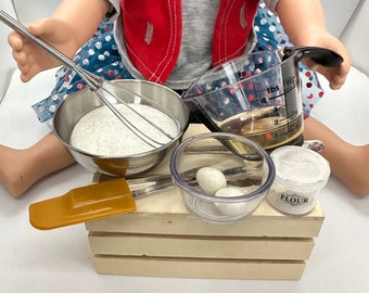 Cake baking Set with batter bowl, whisk, spatula, measuring cup of oil & bowl with eggs. Inspired by American Girl AG doll intended 4 play