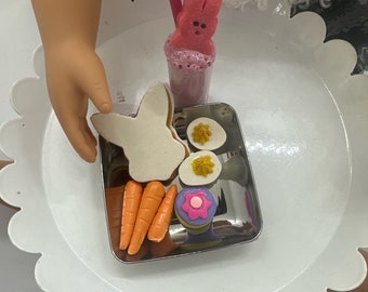 Easter Themed lunch Bunny PB &J, carrots, deviled eggs, sugar cookie, peep shake and 3.5" plastic plate 18” doll miniature food 3:1 scale