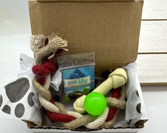 Treats for your AG dog! Bark box with Rope toy, rawhide, ball, and Blue bits snack in 3:1 scale Made for 15 - 18" doll Miniature dog food