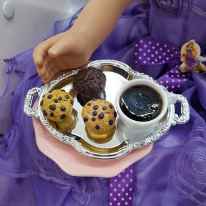 Perfect breakfast muffin trio with cup of coffee served on a 3.5" silver Platter Made in miniature 15 - 18" doll 3:1 scale for AG, elf, BJD