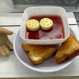 Grilled Cheese & Tomato Soup in plastic bowl on 3.5" plate with crackers and metal spoon option made in 15 - 18" 3:1 doll scale AG elf BJD