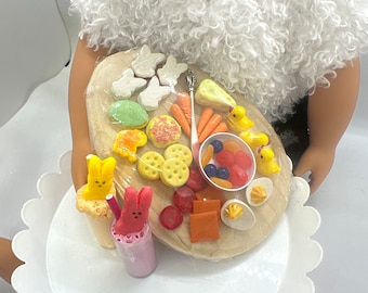 Easter inspired Charcuterie Board. Mini finger foods, Wood Board, bowl of fruit, & metal knife. 39 pcs 18” doll food mini play in 3:1 scale.