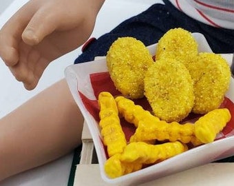 Classic chicken nuggets and fries, served on 2.5" plastic plate Miniature play food Made for 15-18" doll play in 3:1 scale. mini ag elf doll