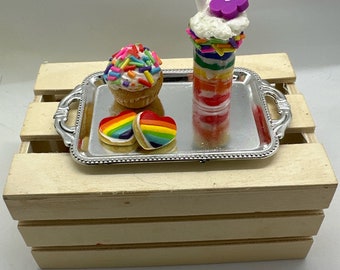 Rainbow Sprinkled cupcake and heart cookies with rainbow shake dessert on 3" silver Platter for 15-18” dolls in 3:1 scale AG  mini food play