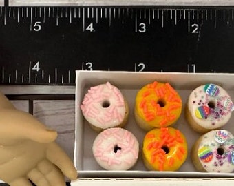 miniature box of half dozen donuts for 15 - 18" doll play in 3:1 scale 6 easter theme frosted sprinkled for AG, elf, BJD mini doll food