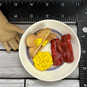 Scrambled eggs, 2 strips bacon, buttered toast on deluxe 3" plate with fork option made in 15 - 18" 3:1 play scale mini doll food AG elf BJD