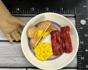 Scrambled eggs, 2 strips bacon, buttered toast on deluxe 3" plate with fork option made in 15 - 18" 3:1 play scale mini doll food AG elf BJD