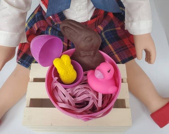 Mini 3" Easter Basket with Toy rubber duck chocolate bunny,& egg with peep Perfect for doll food pretend play and made in 3:1 AG doll scale