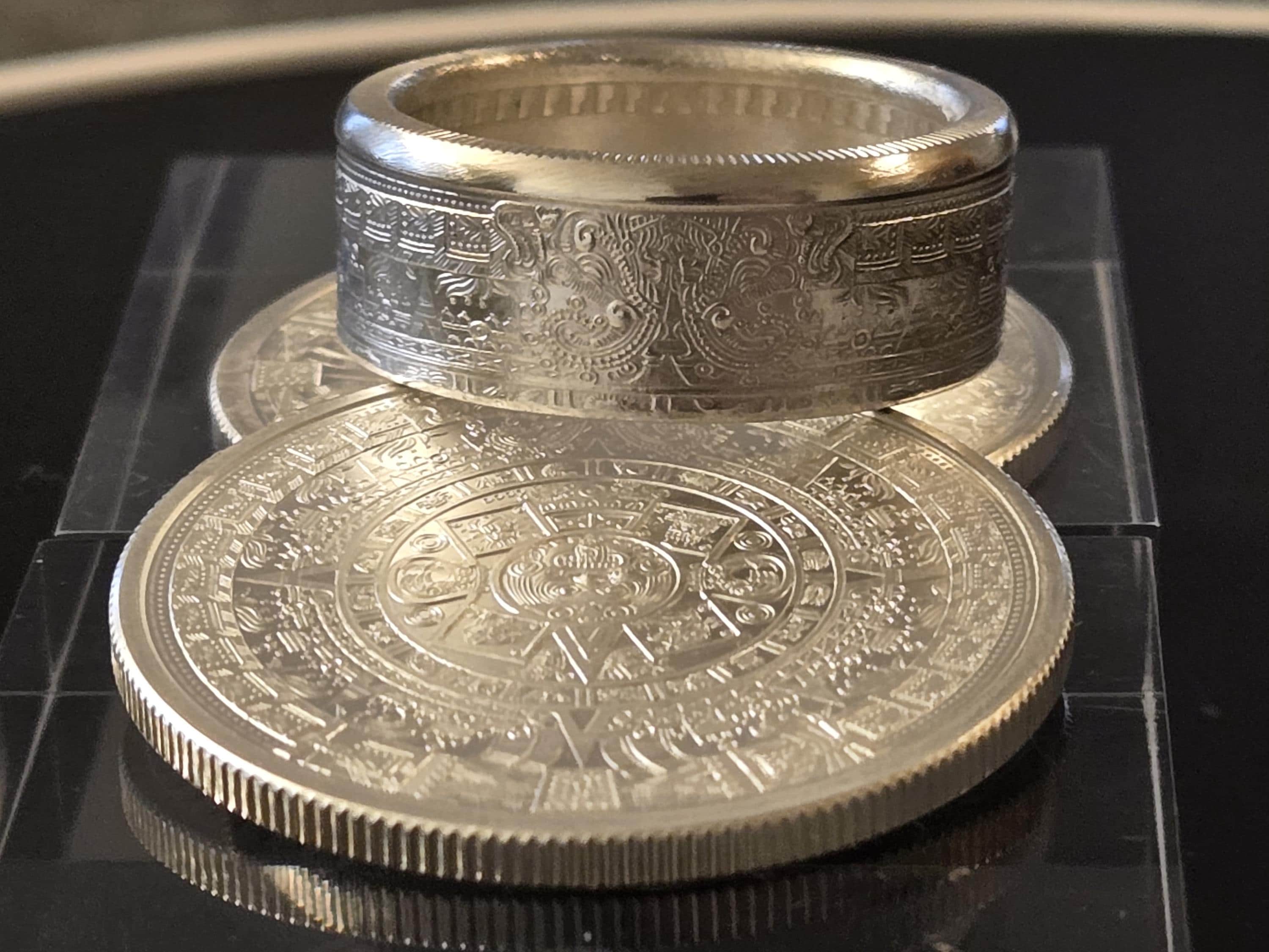 Aztec Calendar Coin Ring .999 Pure Silver Handmade Artisan His Hers ...
