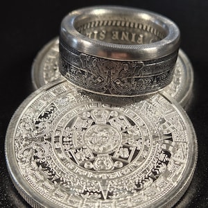 Size 8-14 Aztec Coin Ring Azteca Mayan Calender .999 Pure Silver Handmade Artisan 2024 1 Ounce Coin Birthday Christmas Wedding Anniversary