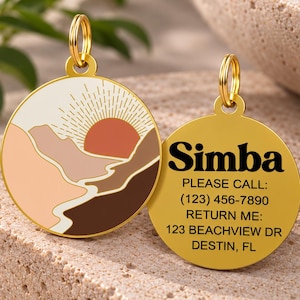 Sunset Dog Tag, Personalized Mountain Pet ID Tag, Boho Engraved Dog Collar Tag, Custom Outdoor Puppy Name Tag, Nature Dog Gift