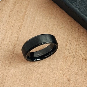 Black Tungsten Wedding Band, Engraved Wedding Ring, Promise Ring, Mens Engagement Ring, Brushed Black Wedding Band, Personalized Mens Ring