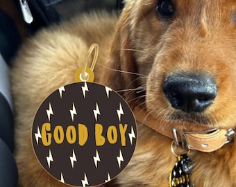 Placa de identificación divertida para perro "Good Boy" personalizada con grabado humorístico para mascotas. Collar para cachorro.