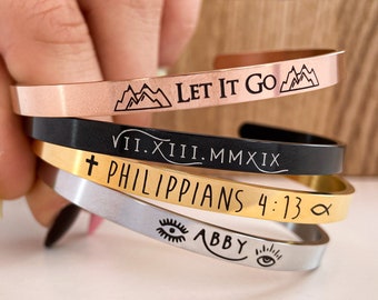 Personalized Bracelet, Mantra Bracelet, Hidden Message Bracelet, Name Bracelet, Quote Bracelet, Cuff Bracelet, Inspirational Gift, Gold Cuff