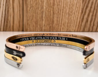 Secret Message Bracelet, Inside Engraved Cuff, Mantra Bracelet, Skinny Cuff Bracelet, Silver, Gold, Rose Gold, Personalized Hidden Message