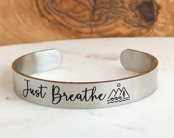 Just Breathe Cuff Bracelet, Inspirational Bracelet, Empowerment Jewelry, Anxiety Relief, Mental Health Awareness, Meditation Gift, Holistic