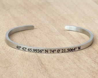 Custom Coordinates Cuff Bracelet, Location Bracelet, Personalized Bracelet, Silver Cuff, Skinny Bangle Bracelet, GPS Bracelet, Gift for Her