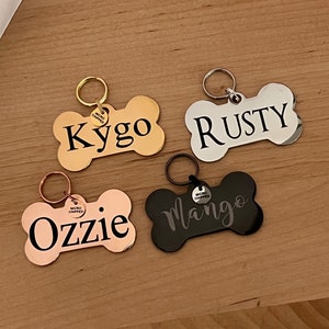 Custom Dog Tag in Gold, Silver, Rose Gold or Black, Engraved Stainless Steel Pet ID Tag, Dog Bone, Personalized Dog Collar Tag, Dog Name Tag