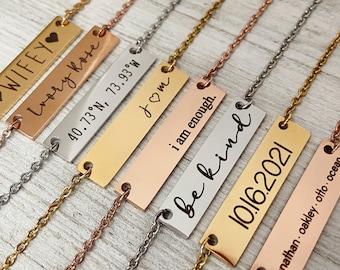 Collar con barra personalizado, nombre y fecha personalizados, acero inoxidable.