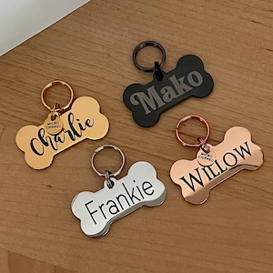 Custom Dog Bone Pet Tag, Pet ID Pet, Personalized Fog ID Tag, Silver, Gold, Rose Gold, Black Dog Bone, Engrave Cursive Name, Dog Collar Tags