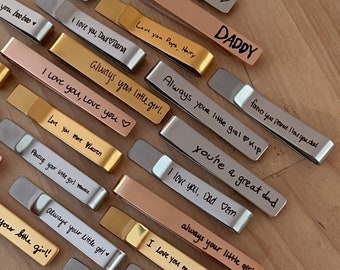 Handgeschriebene Edelstahl-Krawattenstange, personalisierter gravierter Clip