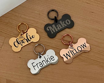 Custom Dog Tag in Gold, Silver, Rose Gold or Black, Engraved Stainless Steel Pet ID Tag, Dog Bone, Personalized Dog Collar Tag, Dog Name Tag