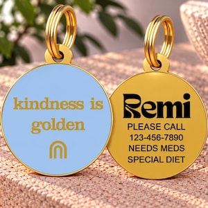 May include: Two round gold-toned metal pet tags with split rings. One tag has a light blue face with the gold text "kindness is golden" and a rainbow icon. The other tag is solid gold with black text: "Remi", "PLEASE CALL", "123-456-7890", "NEEDS MEDS", and "SPECIAL DIET".