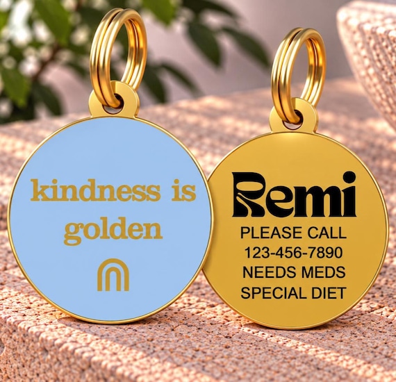 Kindness Is Golden Pet ID Tag, Blue Dog Collar Tag, Custom Puppy Name Tag, Cute Engraved Pet Accessory, Dog Gift, Personalized Dog Tag