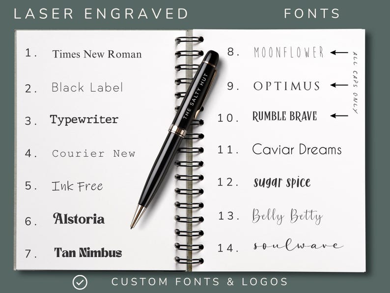 May include: A spiral-bound notebook page displaying a list of fourteen numbered laser engraved font options, including Times New Roman, Black Label, Typewriter, Courier New, Ink Free, Alstoria, Tan Nimbus, Moonflower, Optimus, Rumble Brave, Caviar Dreams, sugar spice, Belly Betty, and soulwave, with a black pen featuring the text THE SALTY HUT resting diagonally across the centre.
