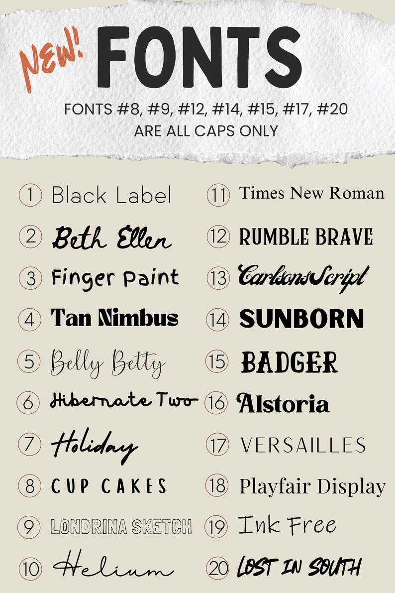 Pu&ograve; includere: Un elenco di 20 font diversi, numerati da 1 a 20, con il nome del font scritto nello stile di font corrispondente. Il testo "NEW! FONTS" &egrave; nella parte superiore dell'immagine. Il testo "FONTS #8, #9, #12, #14, #15, #17, #20 ARE ALL CAPS ONLY" &egrave; sotto il titolo.