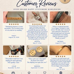 May include: A customer review graphic for The Salty Hut featuring six photos of personalized jewelry and pet tags. Each section includes a five-star rating, a written testimonial, and a customer name with a date. The layout includes icons and text.
