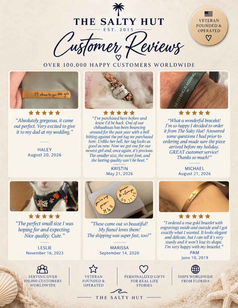 May include: A customer review graphic for The Salty Hut featuring six photos of personalized jewelry and pet tags. Each section includes a five-star rating, a written testimonial, and a customer name with a date. The layout includes icons and text.