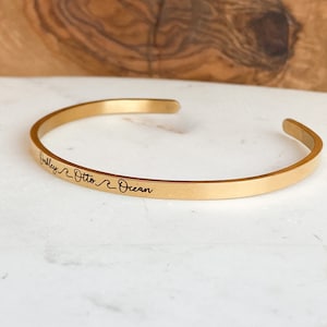 Personalized Name Bracelet, Gold Cuff Bracelet, Custom Name Cuff, Gift For Mom, Mom Gift, Dainty Bracelet, Skinny Personalized Stacking Cuff image 3