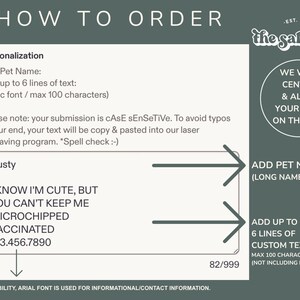 May include: An instructional graphic with a dark green background titled HOW TO ORDER. It explains personalisation for a pet tag, including a sample text box with the name Rusty and contact details, plus arrows pointing to areas for custom text entry.