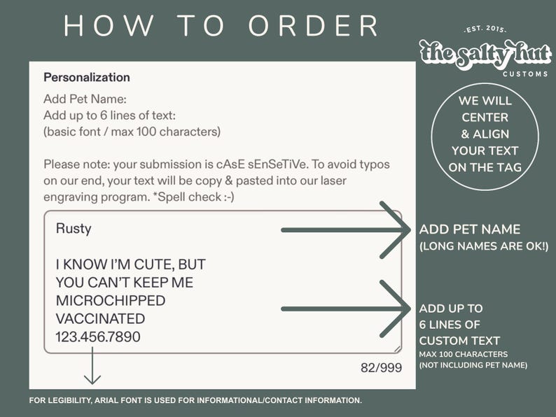 May include: An instructional graphic with a dark green background titled HOW TO ORDER. It explains personalisation for a pet tag, including a sample text box with the name Rusty and contact details, plus arrows pointing to areas for custom text entry.
