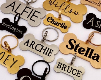 Custom Dog Tag in Gold, Silver, Rose Gold or Black, Engraved Stainless Steel Pet ID Tag, Dog Bone, Personalized Dog Collar Tag, Dog Name Tag