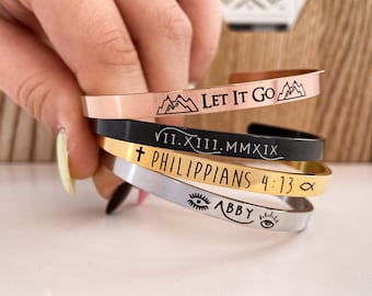 Personalized Bracelet, Mantra Bracelet, Hidden Message Bracelet, Name Bracelet, Quote Bracelet, Cuff Bracelet, Inspirational Gift, Gold Cuff