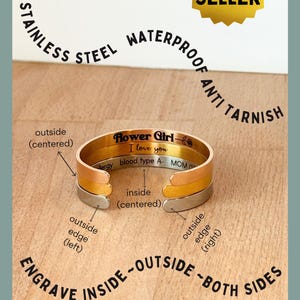 Pu&ograve; includere: Un braccialetto rigido in oro, argento e oro rosa con la scritta "Flower Girl - I love you - blood type A - MOM" incisa su di esso. Il braccialetto pu&ograve; essere inciso all'interno, all'esterno o su entrambi i lati.
