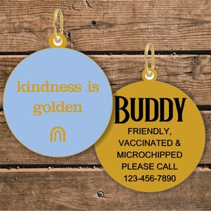 May include: Two circular pet ID tags with gold metal rings. The left tag is light blue with the gold text "kindness is golden" and a rainbow icon. The right tag is gold with black text reading "BUDDY", "FRIENDLY, VACCINATED & MICROCHIPPED", "PLEASE CALL", and "123-456-7890".