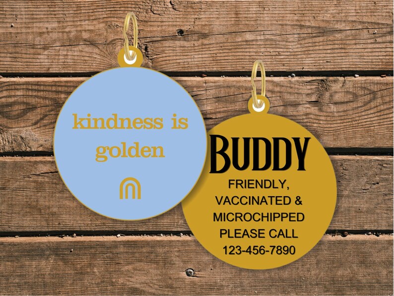 May include: Two circular pet ID tags with gold metal rings. The left tag is light blue with the gold text "kindness is golden" and a rainbow icon. The right tag is gold with black text reading "BUDDY", "FRIENDLY, VACCINATED & MICROCHIPPED", "PLEASE CALL", and "123-456-7890".
