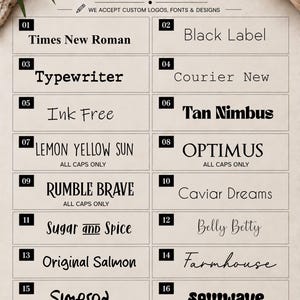 May include: A font master key chart from Salty Hut Customs displaying sixteen numbered font styles in black text on a light beige background. The list includes names like Times New Roman, Black Label, Typewriter, Courier New, Ink Free, Tan Nimbus, Lemon Yellow Sun, Optimus, Rumble Brave, Caviar Dreams, Sugar and Spice, Belly Betty, Original Salmon, Farmhouse, Simpson, and Soulwave.
