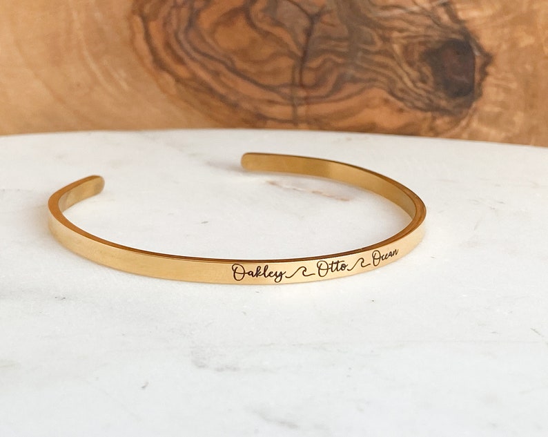 Personalized Name Bracelet, Gold Cuff Bracelet, Custom Name Cuff, Gift For Mom, Mom Gift, Dainty Bracelet, Skinny Personalized Stacking Cuff image 2