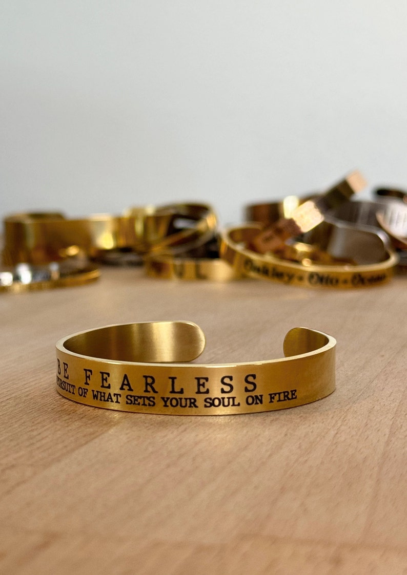 Motivational Graduation Gift, Chunky Gold Cuff Bracelet, Be Fearless In The Pursuit of What Sets Your Soul On Fire, Congratulations Gift image 3